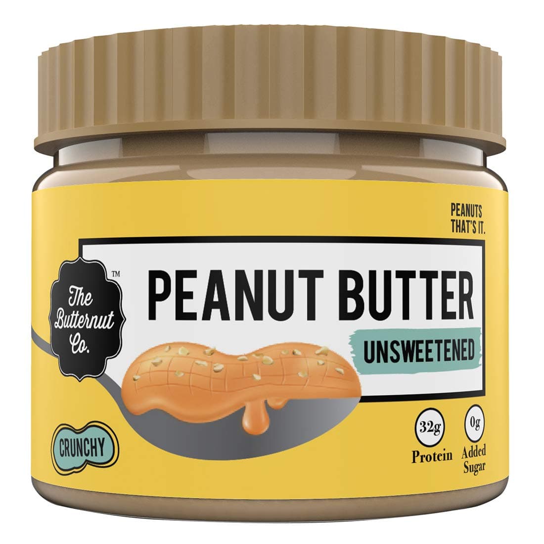 The Butternut Co. Natural Peanut Butter (Crunchy) 340g, Unsweetened, 32g Protein, No Added Sugar, 100% Peanuts, No Salt, High Protein Peanut Butter, Gluten Free, Vegan, Cholesterol Free