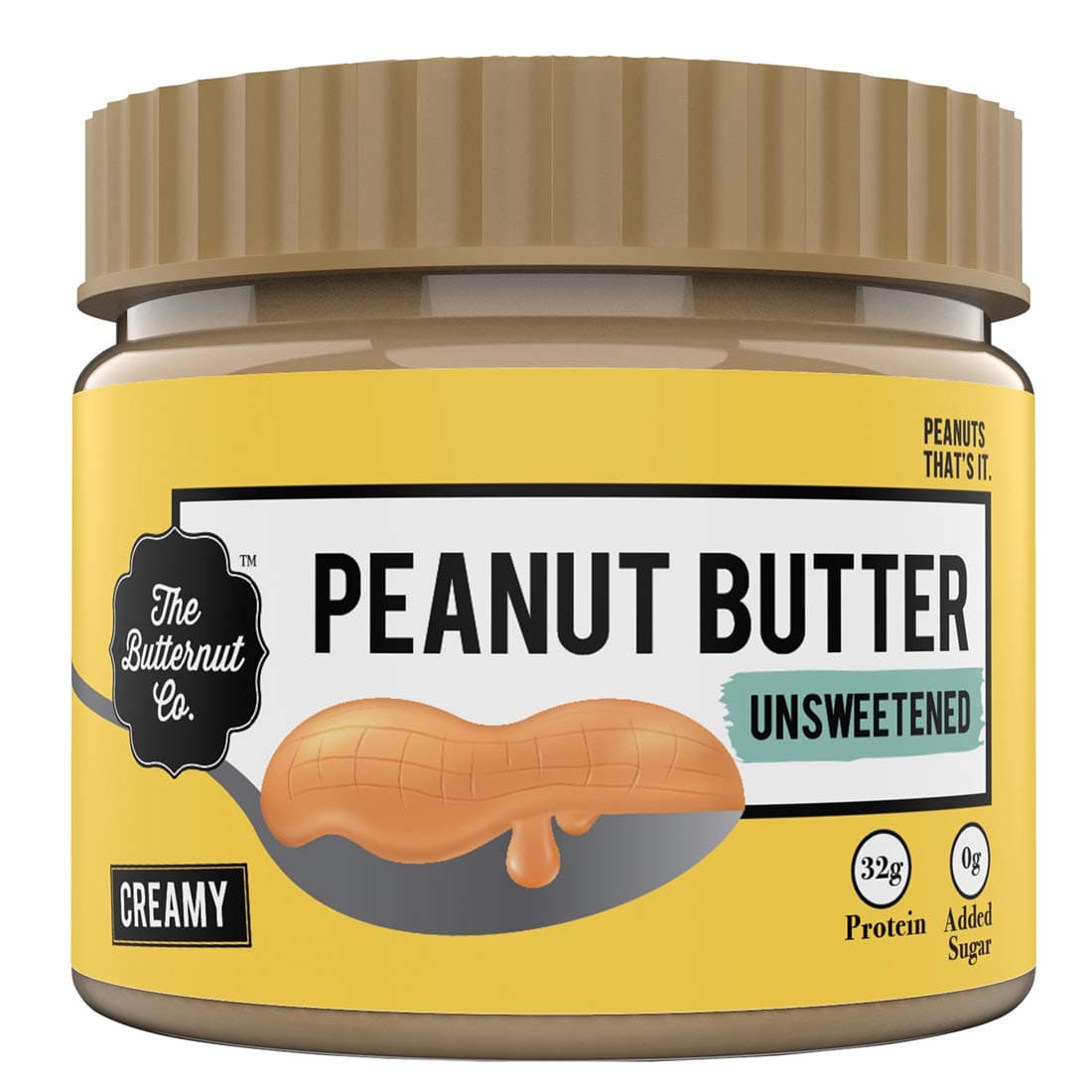 The Butternut Co. Natural Peanut Butter (Creamy) 340g, Unsweetened, 32g Protein, No Added Sugar, 100% Peanuts, No Salt, High Protein Peanut Butter, Gluten Free, Vegan, Cholesterol Free
