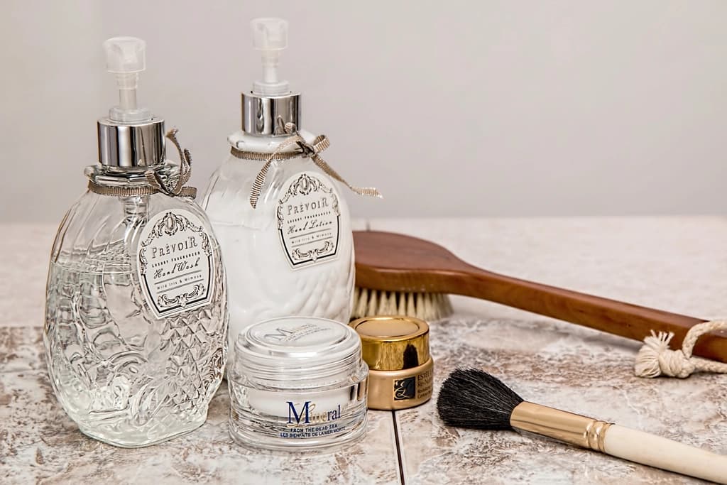 Cosmetic bottles on a shelf
